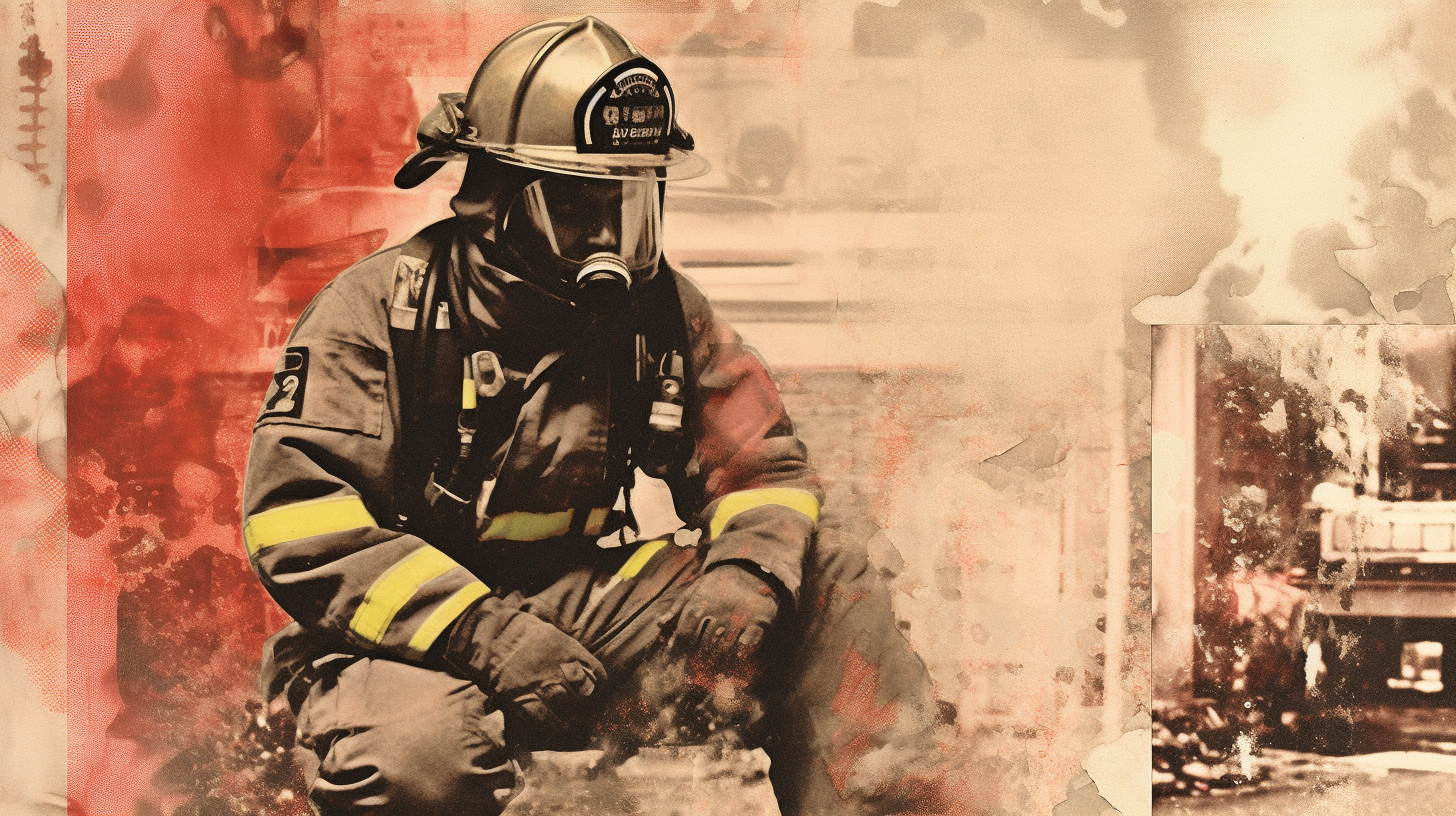 An editorial illustration of a tired firefighter.